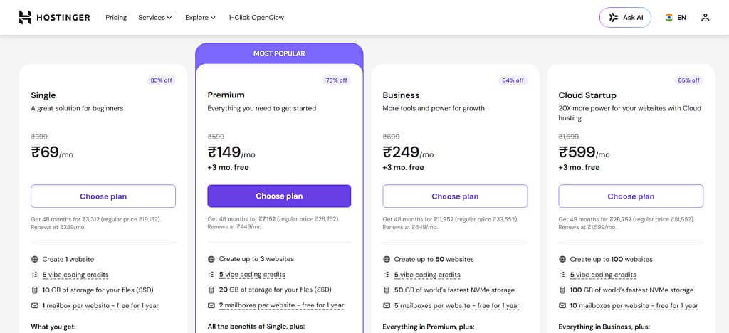 Hostinger premium web hosting plans 2026