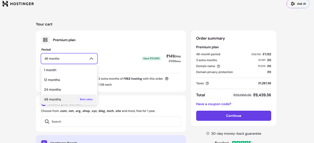 Hostinger hosting duration selection – 12, 24, or 48 months